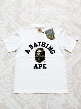A Bathing Ape White Short Sleeve Tee with Olive Ape Graphics